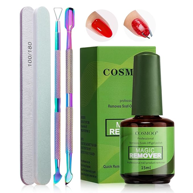 COSMOO Magic Gel Polish Remover Kit, Professional Gel Remover for Nail, Quickly Remove Gel Nails Polish in 2-5 Minutes, Includes Tools Nail file and Nail Removal Push
