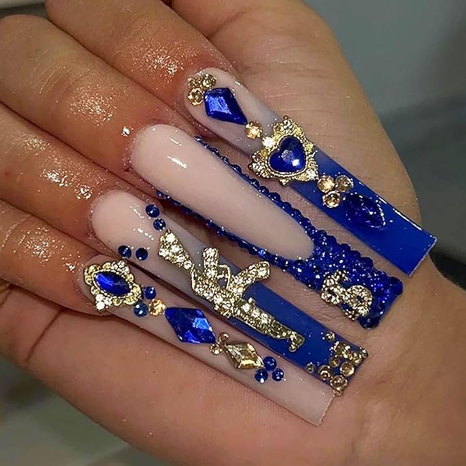 Square Press on Nails Long RTKHFZE Xl Fake Nails Blue French Tip False Nails Ombre Glue on Nail with Designs Nails Charm and Rhinestones Acrylic Stick on Nail for Women Nail Decorations