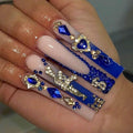 Square Press on Nails Long RTKHFZE Xl Fake Nails Blue French Tip False Nails Ombre Glue on Nail with Designs Nails Charm and Rhinestones Acrylic Stick on Nail for Women Nail Decorations