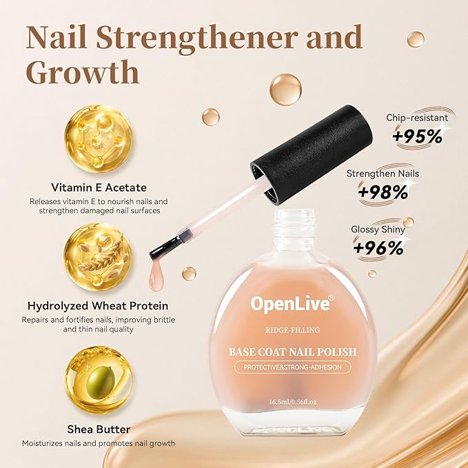 Clear Nail Polish Ridge Filling Base Coat, Nail Strengthener and Growth, Ridge Filler For Nails, Shea Butter & Vitamin E & Protein Formula, Hydrate Strengthen Nourish Damaged Natural Nails