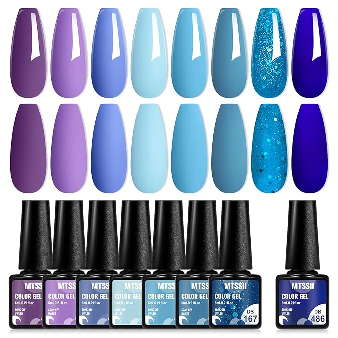 MTSSII Gel Nail Polish Set, 8 Colors: Baby Blue, Navy, Sky Blue, Purple Gel Nail Art Design DIY Salon Manicure for Women