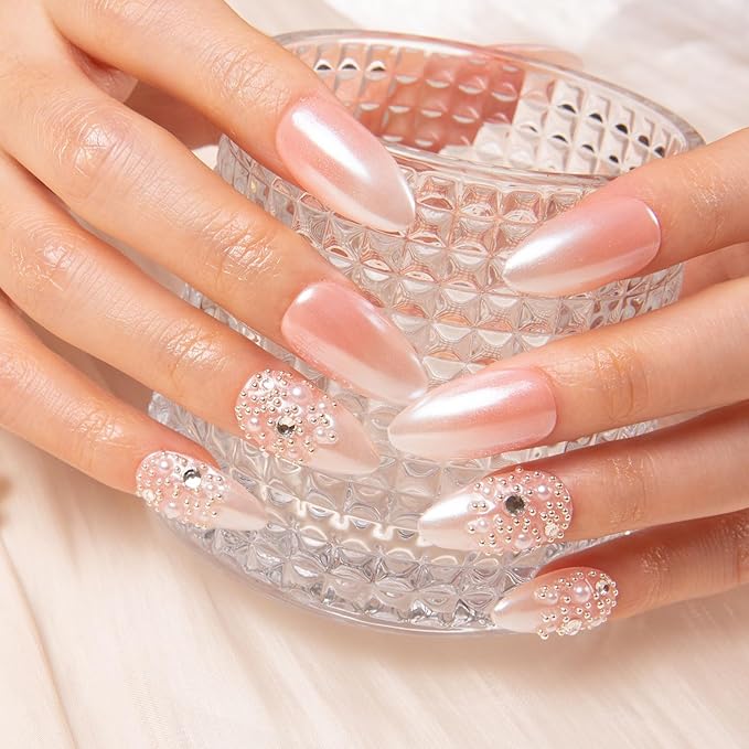LOVFUL Press on Nails Dream Wedding | Handmade with Full Covered Crystals | Reusable Fake Nails | Almond Regular 1.0 in | H76-L
