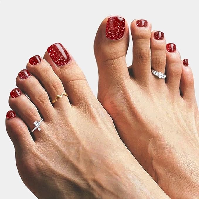 Toe Gel Nail Stickers - 34PCS Salon Quality Wraps no UV Light Needed - Long Lasting Toe Nail Polish Strips for Women (Rose Red)