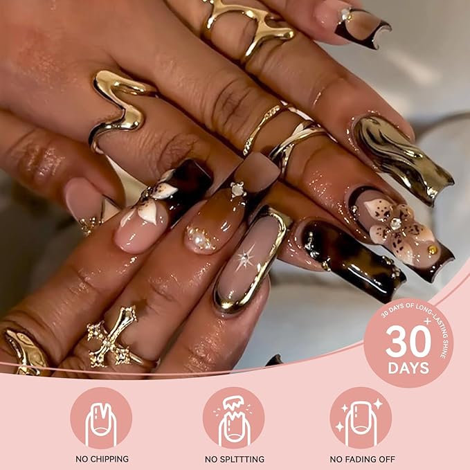 Brown Flower Press on Nails Long Square-Handmade Nails with 3D Chrome Gold Floral Rhinestones Designs Leopard French Tip Fall Nail, Autumn Winter New Year Fake Nails for Women, 24PCS
