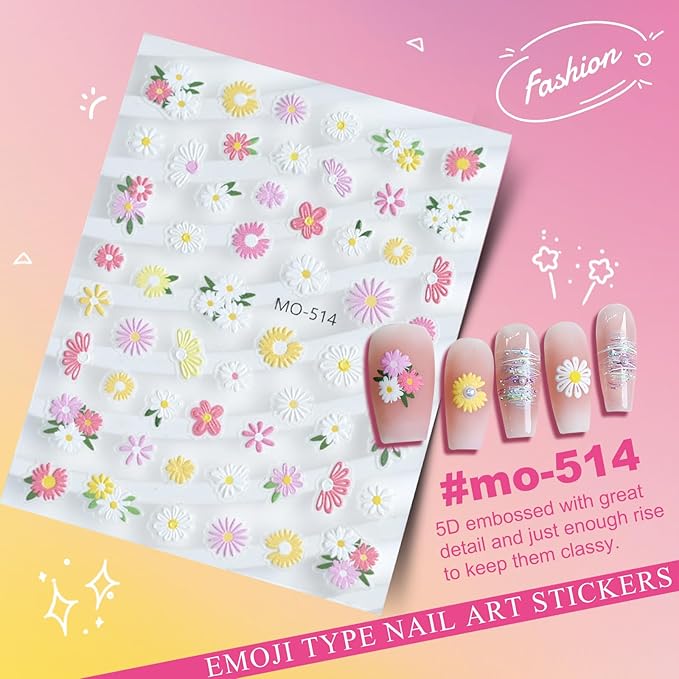 Flower Nail Art Stickers 5D Embossed Nail Decals for Nails Art Design Self-Adhesive Spring Summer Daisy Floral Leaf Plant Nail Accessories for Women Manicure DIY Art Decoration 6 Sheets YX1226