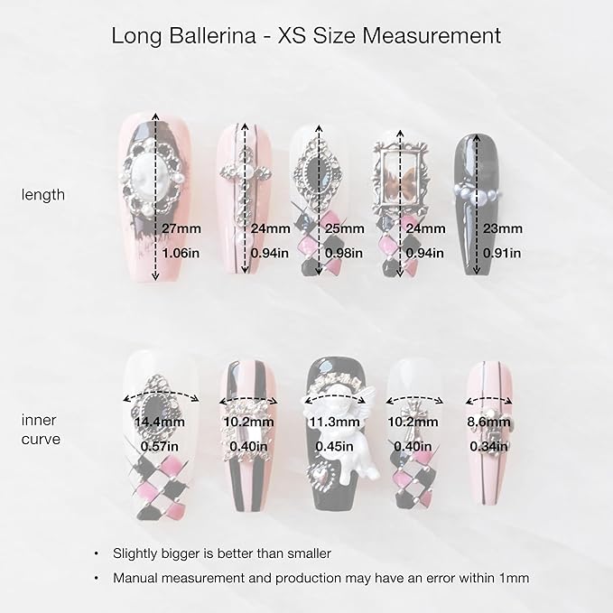 Gothic Press-on Nails, Long Coffin Shape, Pink Black White, 3D Decorative Gems and Charms, Handmade False Nail 10 Pieces (XS, LC)