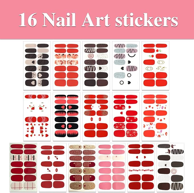 WOKOTO 16 Sheets Nail Polish Strips with Nail File Valentines Day Nail Stickers Full Nail Wraps for Acrylich Nails Heart Shapes Gel Nail Strips Stickers for Nails Self-Adhesive Nail Polish Stickers