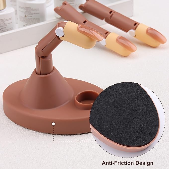 Practice Fingers for Acrylic Nails Adjustable Removable Fingernail Training Set with 1 Base Stand, 3 Fake Fingers, 100 Brown Nail Tips for Nail Beginners Manicure Art Practicing