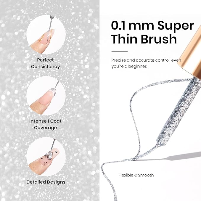 beetles Gel Polish Silver Glitter Gel Polish 1pcs 7ml Reflective Silver Glitter Liner Gel Polish for Gel Art Paint Sparkly Shiny Gel Nail Polish Liner for Women