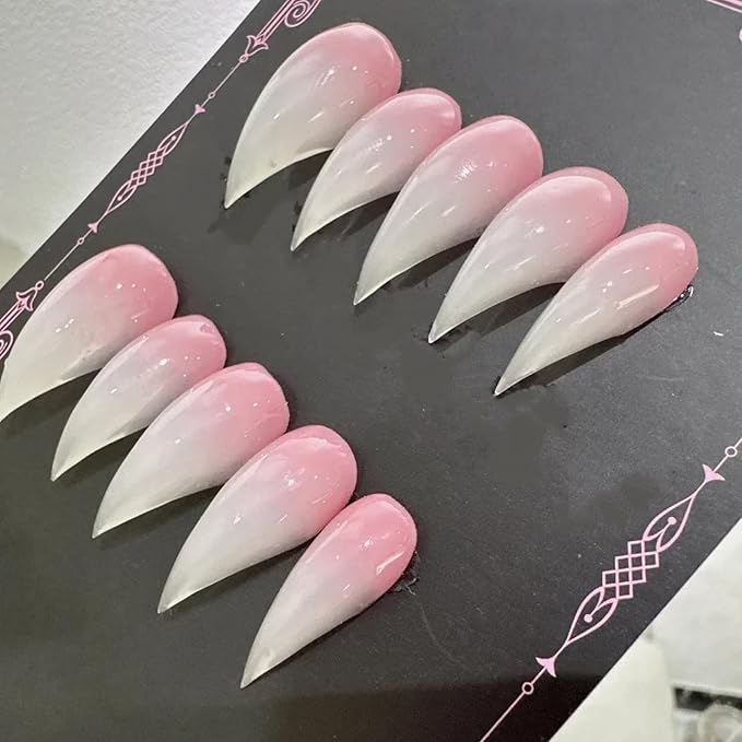 Pink White Stiletto Press on Nails with Glue Glossy Extra Short False Nails Hand-Painted Designs Handmade Eagle Dragon Cat Claw Unique Reusable Fake Nails