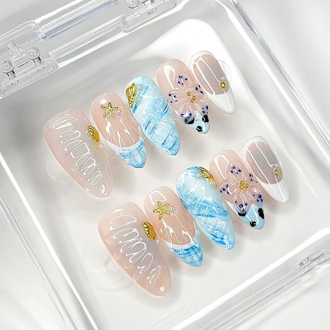 Luxury Press On Nails Medium Almond Handmade 3D Unique Reusable ABS Material False Nails Blue with Designs Starfish Floral Art Petal Glossy Glue on Nails Thick Acrylic Nails (10 Pieces, 1 Set)