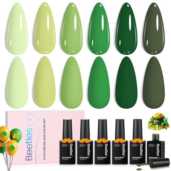 Beetles Green Gel Polish Set - Green Picnic Pastel Gel Nail Polish Set 6 Colors, Soak Off UV LED Lamp Spring Nails Art, Long-Lasting Manicure Salon DIY St Patricks Day Nails Home