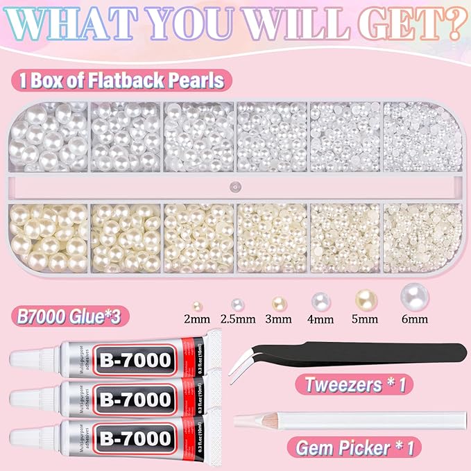 Flatback Pearls for Crafting with 3Pcs 10ml B7000 Jewelry Glue, 1 Box of Half Round White and Beige Pearls, Bedazzling Beads for DIY Crafts Clothing Tumblers Shoes Embellishment Nail Art