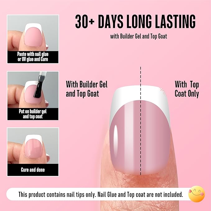 NOVO OVO Short Square Round White French Tip Nail Tips Press on BERRY PINK, Extra Thick Full Cover False Fake Nails, Need Builder Gel Top Coat & Glue, for Salon DIY Acrylic Extension x15 Sizes 240 pcs