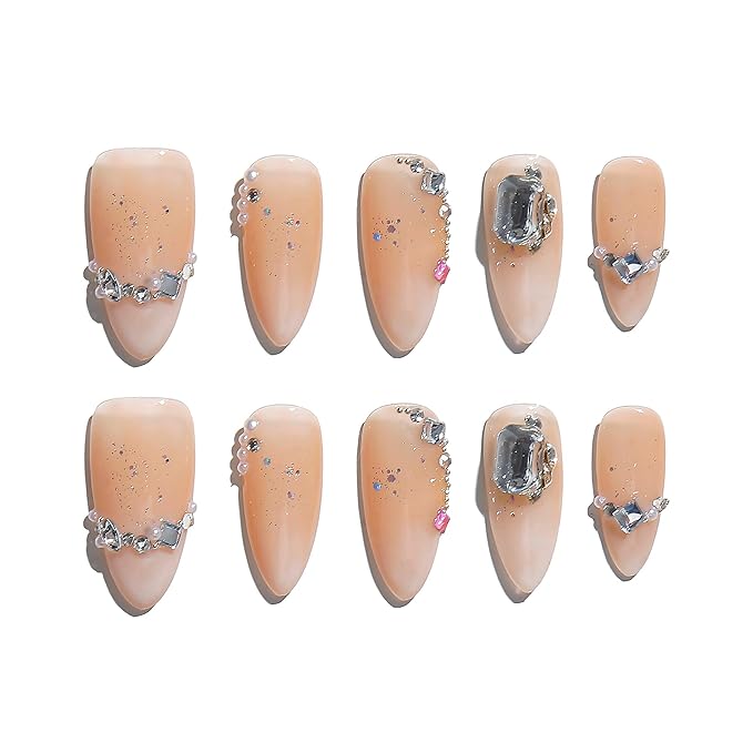 Sun&Beam Nails Handmade Press-on Medium Amlond Nude Beige Rhinestone 3D Ombre Design Fashion False Nail Tips 10 Pcs Set (#176 S)