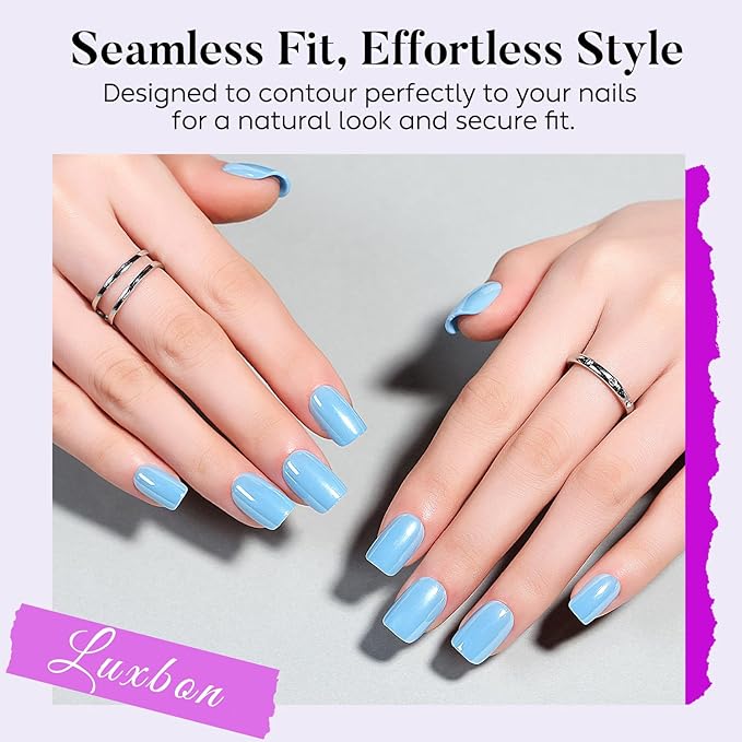 Luxbon Press On False Nails with No-Cure Nail Glue and Tool Kit – Square Acrylic Stick On Nails Soft Gel Tips 30-32pcs Full Size Set, Reusable Fake Nails for Women, White Optical Plating, Blue