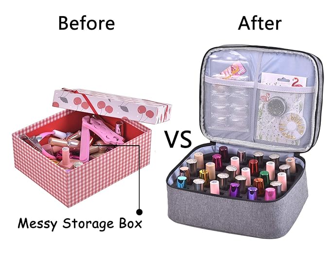 Nail Polish Organizer- Holds 30 Bottles Nail Supply Organizers and Storage Double-layer Nail Bag Organzier Case Nail varnish Organizer Nail Polish Storage Bag with Handle (Grey)
