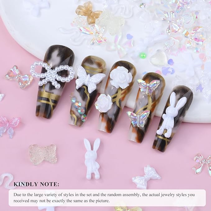 100 Pieces 3D Resin Butterfly Bear Nail Charms Rose Flower Peach Skirt Bow Deer Snake Rabbit Animal Shaped Nail Art Rhinestones Pearls for DIY Nail Art Decoration Making Craft (White)