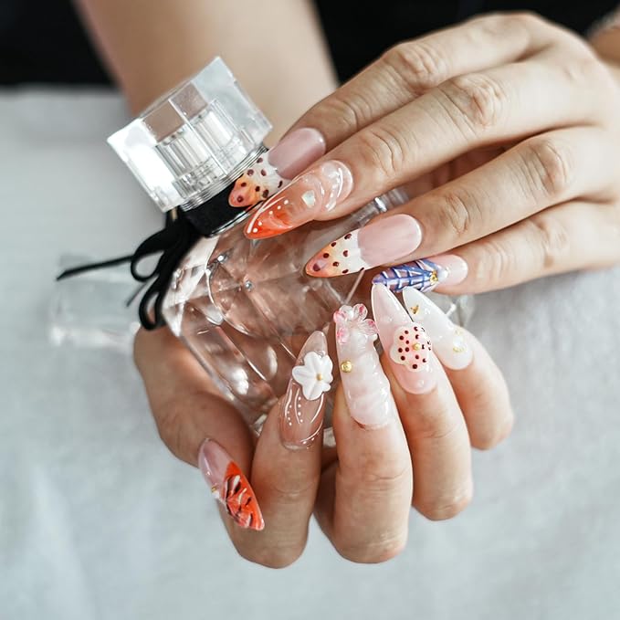 Tropical Flower Press on Nails Long Almond with Butterfly, 3D Floral French Tip Glossy Press ons for Women, Reusable Stick on Thick Acrylic Nails for Summer (Tropical Flair,M)