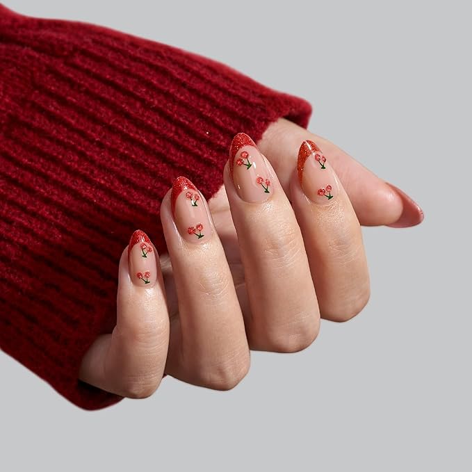 BTArtbox French Tip Press On Nails Almond - Red Press On Nails with Cherry Design, Short Almond Stick On Nails for Women, Soft Gel Fake Nails Kit in 16 Sizes, Sweet Cherry