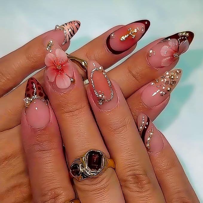 Medium Press on Nails Almond Fake Nail with 3D Flowers Designs False Nails Press Ons Gift for Women 24pcs