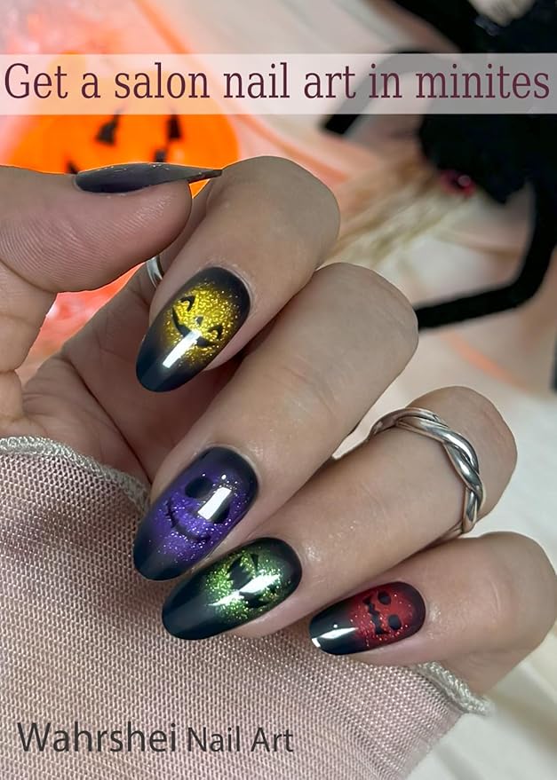 Semi Cured Gel Nail Strips, Cat Eye, Ghost Face 20pcs Adhesive UV Sticker, Wraps for Home Manicure DIY