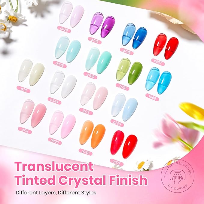 Beetles Spring Gel Nail Polish Set - 36 Colors Dewdrop Flora Gel Nail Kit Jelly Pink Milky White Yellow Purple Green Natural Classic Color Set Soak Off UV LED Home Salon Easter Gift for Women