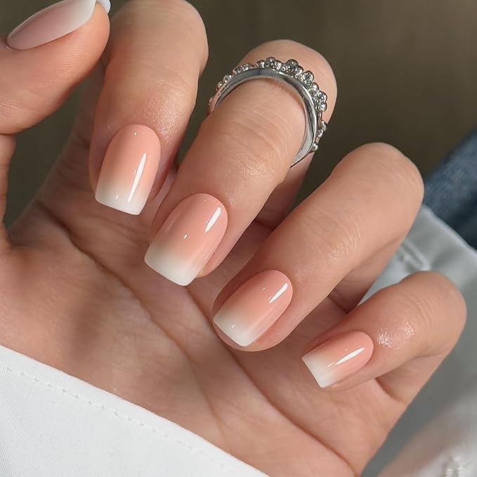 CurvLife Press On Nails Short Square Nude Pink Ombre, Soft Gel Glossy Fake Nails, Reusable Durable Salon-Style Manicure for Women Teens Beginners, 30pcs, Daily Wear for Work Party