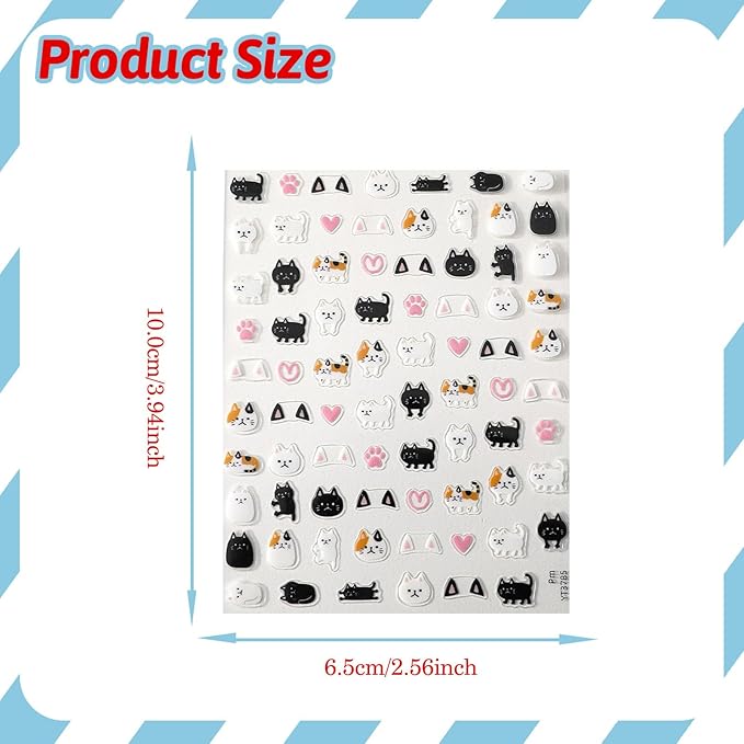 4 Sheets Cats Series Nail Stickers Cats Lover Nail Art Stickers Embossed Nail Decals with Siamese Calico Cat Black Cat Designs Cute DIY Self-Adhesive Nail Art Supplies