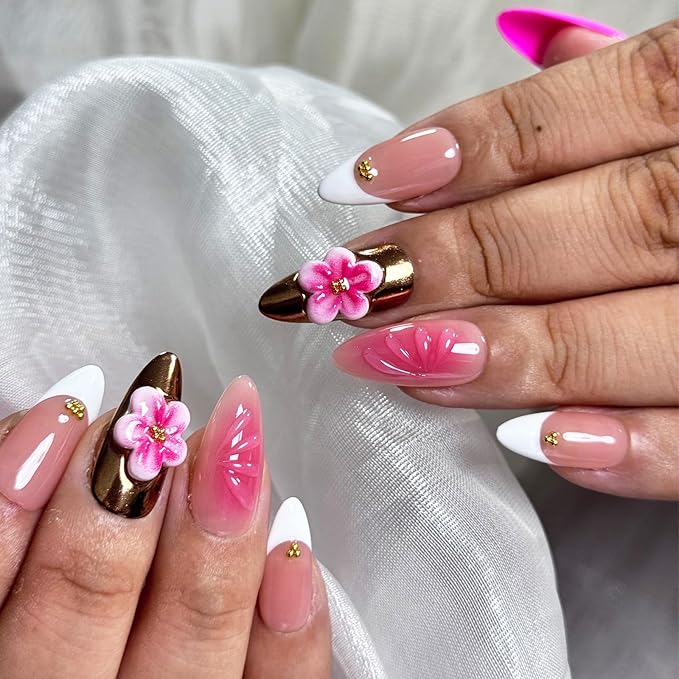 Luxury Almond Press-On Nails, 3D Flower French Tip Handmade Make Press On Nails, Gold and pink mix Design Reusable, Thick Acrylic Glossy False Nails for Women （10PCS)