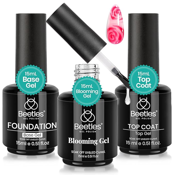 Beetles Blooming Gel & Base Top Coat Set, 3PCS 15ML Shine Finish Long Lasting No Wipe Top Coat Gel Nail Polish Base Spreading Marble Effect Soak off UV LED Nail Art Gifts for Women
