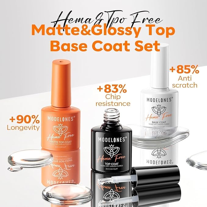 modelones Hema-Free Gel Top and Base Coat Set, 3 Pcs Clear Glossy Velvet Matte Base Top Coat No Wipe Matte Top Coat for Summer nail Polish Soak Off Nail Lamp Nail Art Home Salon Manicure