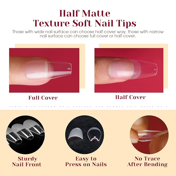 ROSALIND Half Matte Medium Coffin Fake Nail Tips, 264PCS Press on Nails Coffin Full Cover Medium False Nail Tips DIY Manicure Salon Artificial Extension Nails(One-Sided No File)