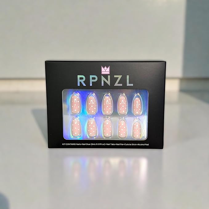 Press On Nails - Sugar | Pink Polka Dot UV Finish Almond Nails, Reusable Salon Quality | 32 Nails, 16 Sizes Kit with Glue and Adhesive Tabs I Female Founded