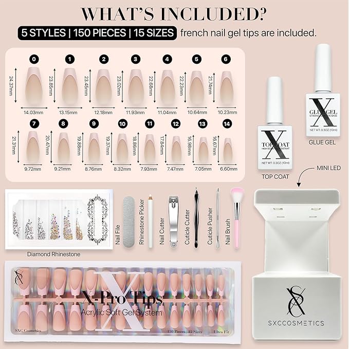 SXC Cosmetics French Tip Press On Nails - Skin Tone Nude and Color Series, Medium Coffin X-Pro Tips Starter Kit ST120KIT