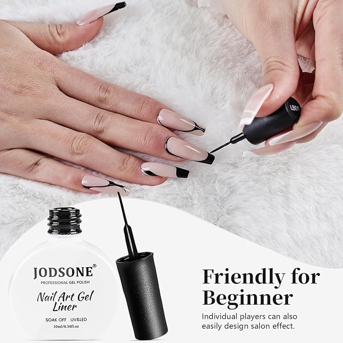 JODSONE Black Swirl Nail Art Liner Gel Polish,10ml Classic Color 3D Nail Art Pens Effect Nail Print Design with Thin Brush for French Tips Manicure Painting DIY at Home - LB01