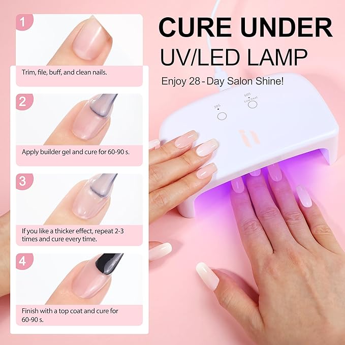 Hema Free Builder Rubber Base Gel, Soak Off Shimmer Hypoallergenic Gel for Soft & Thin Nails, Shine Finish Long Lasting LED UV Curing DIY Manicure
