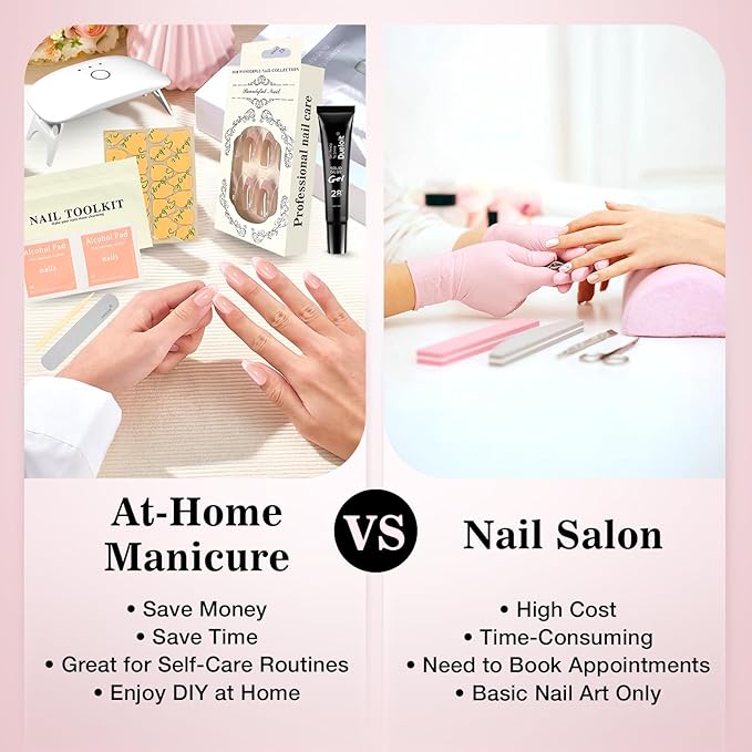 Press On Nails Kit with Nail Lamp,Pink French Tip Short Almond Gel Nails 24Pcs 16Sizes,All-in-One DIY Kit with Glue Remover Top Coat Cuticle Oil Mini UV Lamp,28+Days Long Lasting,Gift for Women