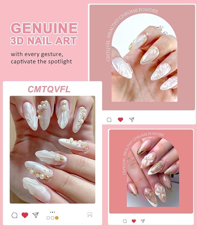 4 in 1 Upgrade 3D Gel Nail Gold Chrome Nail Powder【NO.1 -100% 3D Effect】20g No Wipe 3D Gel Nail Art Sculpture with Glitter Chrome Nail Powder for Home DIY Salon Gifts Women- White Gold