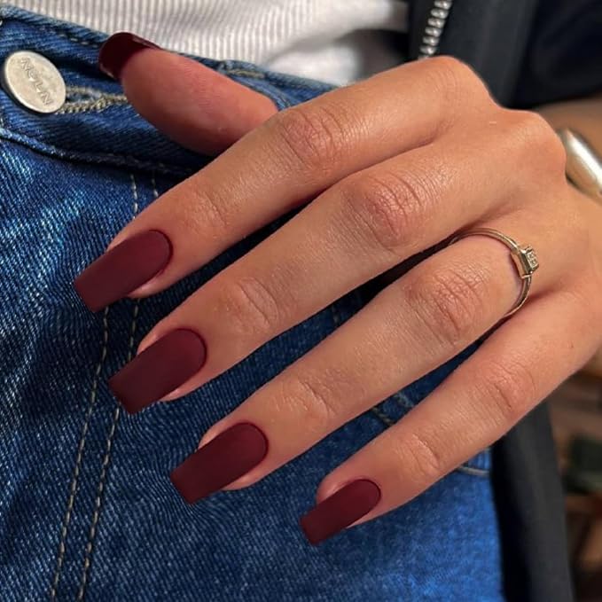 KQueenest Matte Wine Red Press on Nails Long Medium Square, Burgundy Red Fake Nails Medium Coffin, Sheer Color Acrylic Nails Press ons, Reusable Soft Gel Glue on Nails for Women Fall Winter