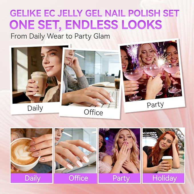Gelike EC Jelly Color Gel polish: 12 Nail Gel Colors Set with Hema Free Formula Easy to Use On Natural or Acrylic Nails for Teens and Young Women Manicure DIY Home - Valentine & New Year Gift