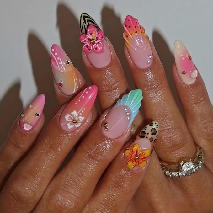 Medium Press on Nails Almond Fake Nails Pink False Nails French Artificial Nails with Pearl Designs Beach Handmade Nails Cute Stick on Nails for Women 24pcs
