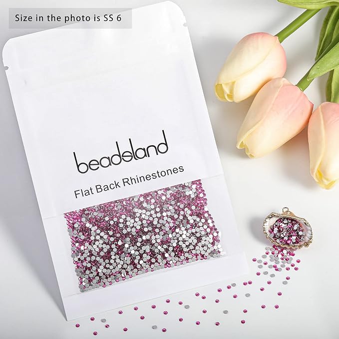 Beadsland 2880pcs Flat Back Crystal Rhinestones Round Gems for Nail Art and Craft Glue Fix, Fuchsia,SS6,1.9-2.1mm