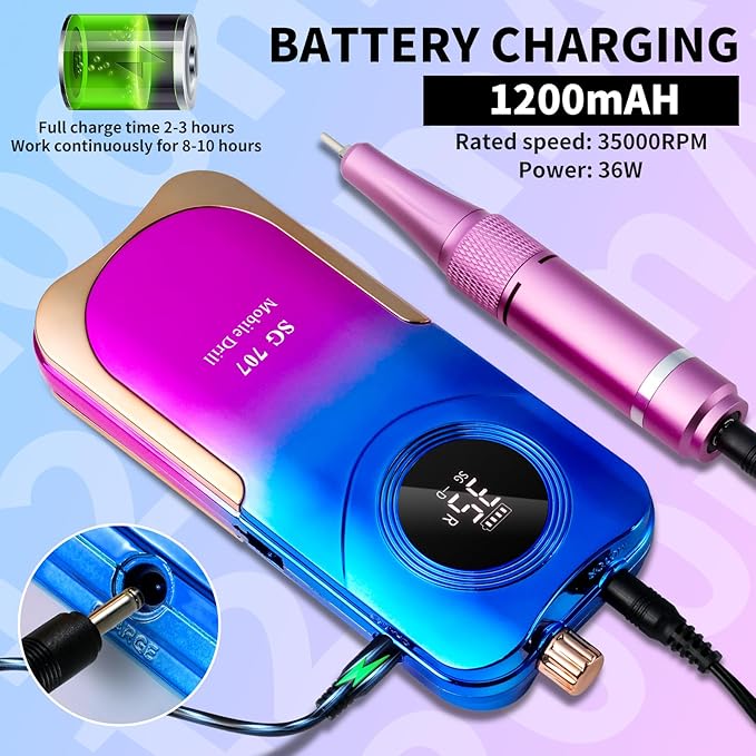 Professional Electric Nail Drill Kit 35000RPM with 14PCS Bits Purple Blue Portable Rechargeable Cordless File Machine for Acrylic Gel Powder Nails and Manicure Pedicure Toenail Tool Salon Set