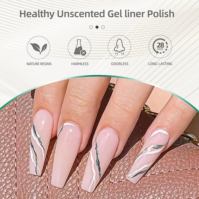 Metallic Gel Nail Polish Sliver Gel Liner For Nail Art Chrome Silver Nail Polish 8ml 3D Mirror Chrome Effect Painting with Thin Brush French Nail Design Curing Requires
