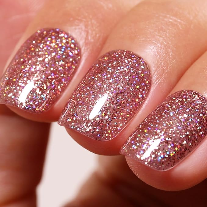 Rose Gold Iridescent Glitter Gel Nail Polish - Sparkle Shimmer Autumn Winter Rainbow Soak off LED UV Gel Nail Polish for Art DIY Manicure 15ML