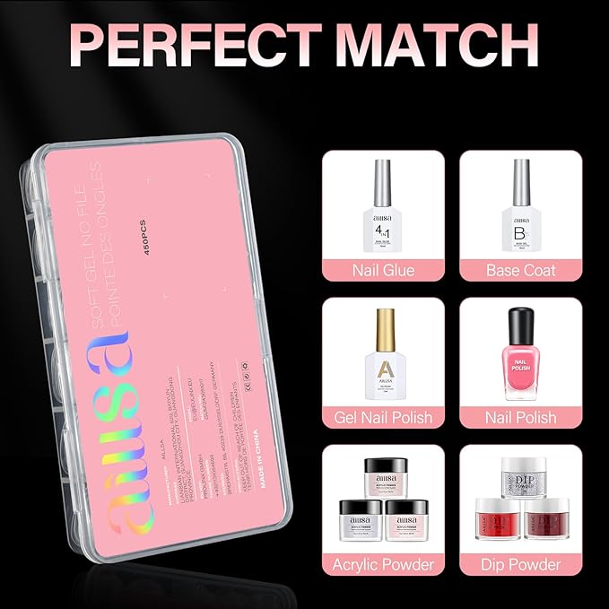 AILLSA Short Oval Nail Tips 450PCS Matte Full cover Nails Tips Acrylic Gel Clear No Need Filed Press on False Nail Tips Pre-Shaped for Nail Extension Fake Nail Tips Manicure 15 Sizes