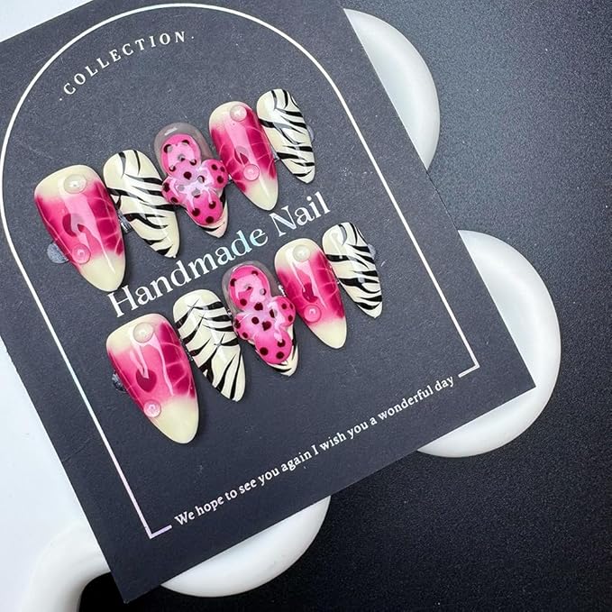 100% Handmade Press on Nails Medium Almond Handmade Nails with Rose Pink Flower Charm Design Glossy Ombre White Fake Nails Zebra-stripe Nail Press ons Reusable Spring Summer Nails for Women M 10Pcs