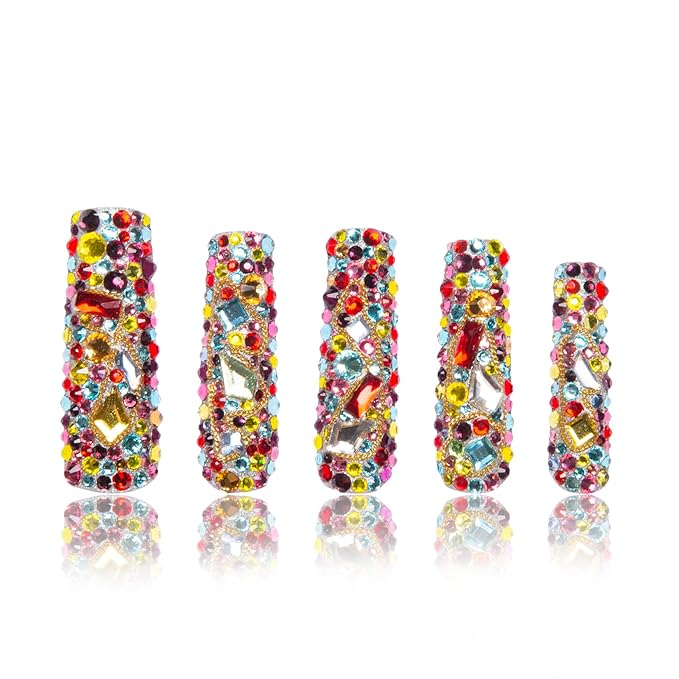 LOVFUL Press on Nails Precious | Handmade with Full Covered Crystals | Reusable Fake Nails | Square Mid length 1.7in | H175-S