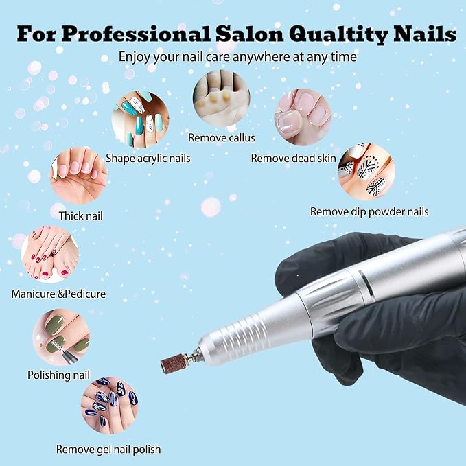 Professional Nail Drill File 45000RPM Electric Portable Nails Drills Kit with Rechargeable 7 uñas Bits Cordless Efile for Poly Gel Acrylic Nails Remover Home Salon Pedicure Manicure Tool (Purple)